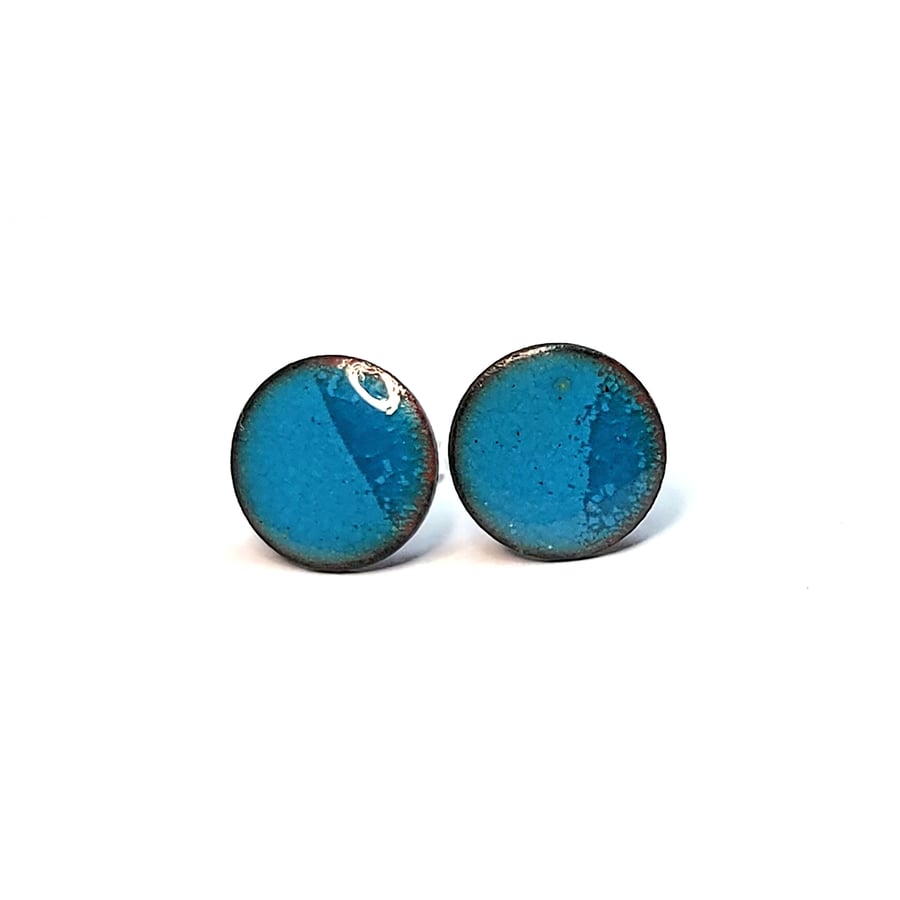 Two-tone teal enamel round stud earrings