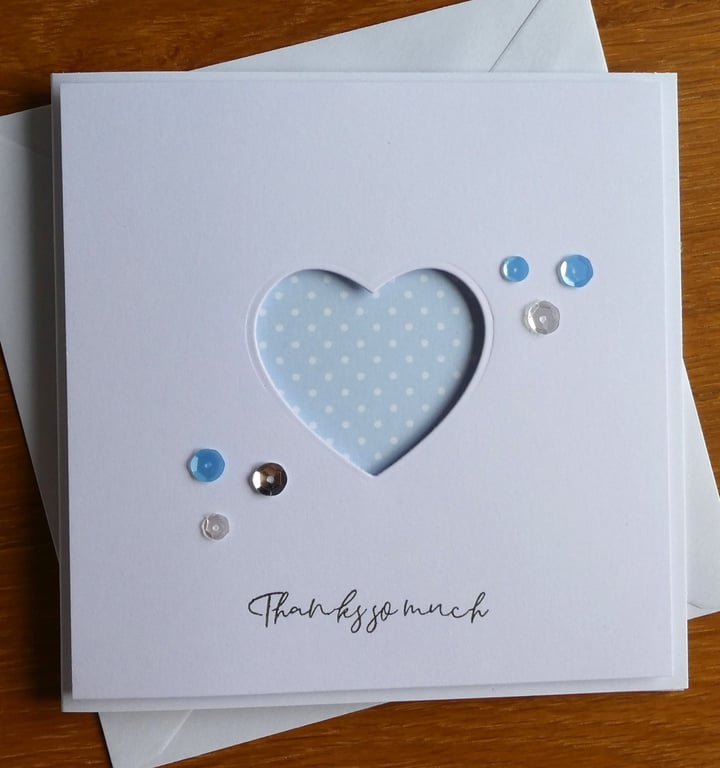 Blue and White Polka Dot Heart Aperture Thank You Card