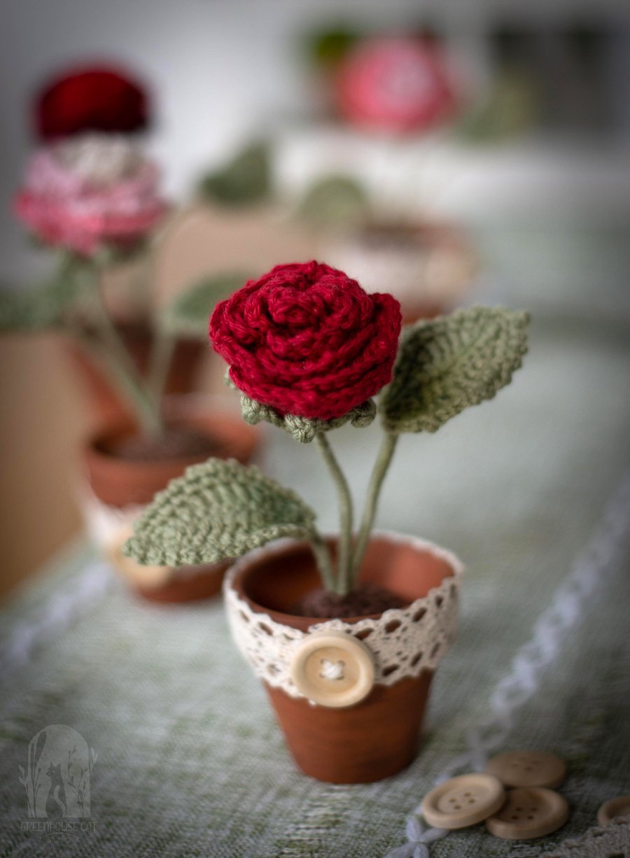 Burgundy Crochet Rose in a small Terracotta Pot