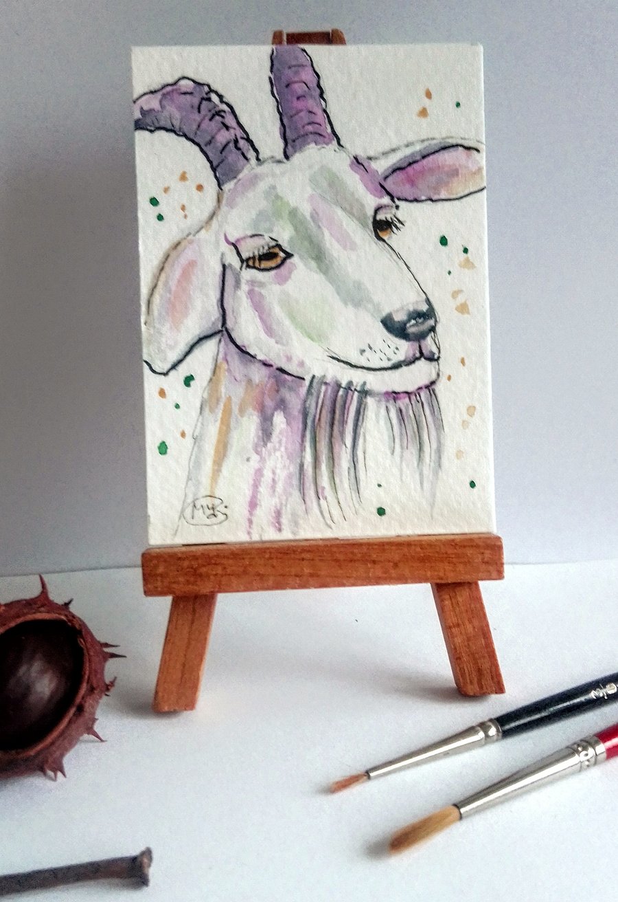 SOLD OUT  - UNAVAILABLE. -  Goat miniature ACEO Original Painting