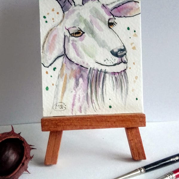 SOLD OUT  - UNAVAILABLE. -  Goat miniature ACEO Original Painting