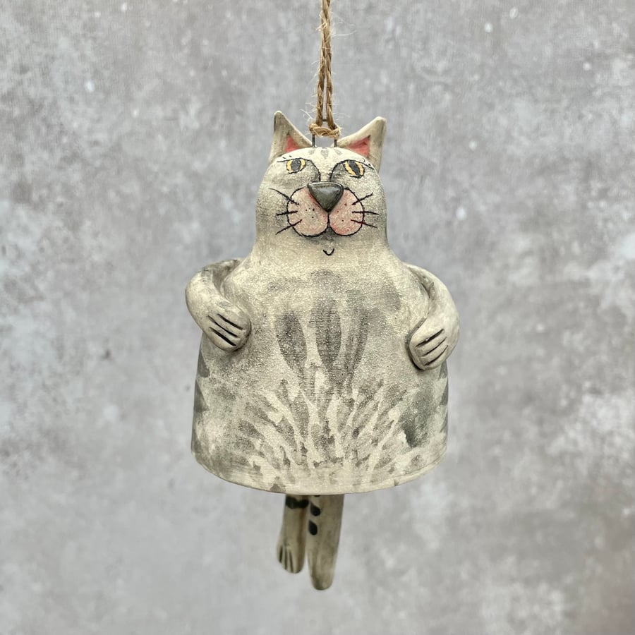 Handmade Pottery Fat Cat Hanging Decoration Bell - Grey
