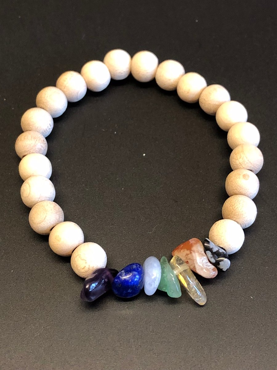 Genuine Gemstone and Wooden Bead Chakra Stretchy Bracelet 