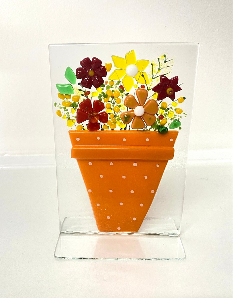 Vibrant orange fused glass flower pot 