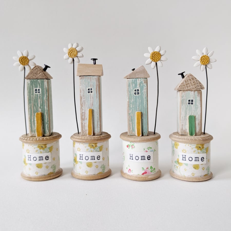 Wooden House on a Vintage Floral Bobbin with Daisy Flower 'Home'