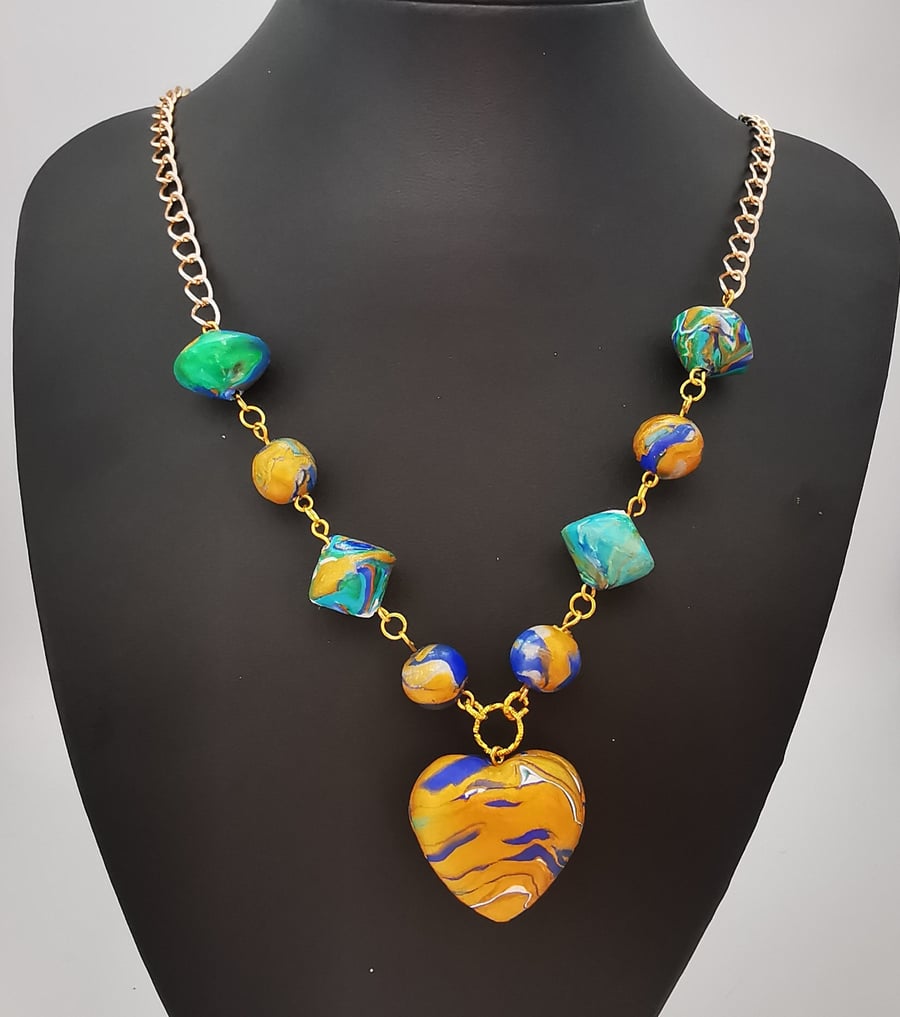 Unusual, Bohemian Heart Pendant Necklace in Blue and Gold