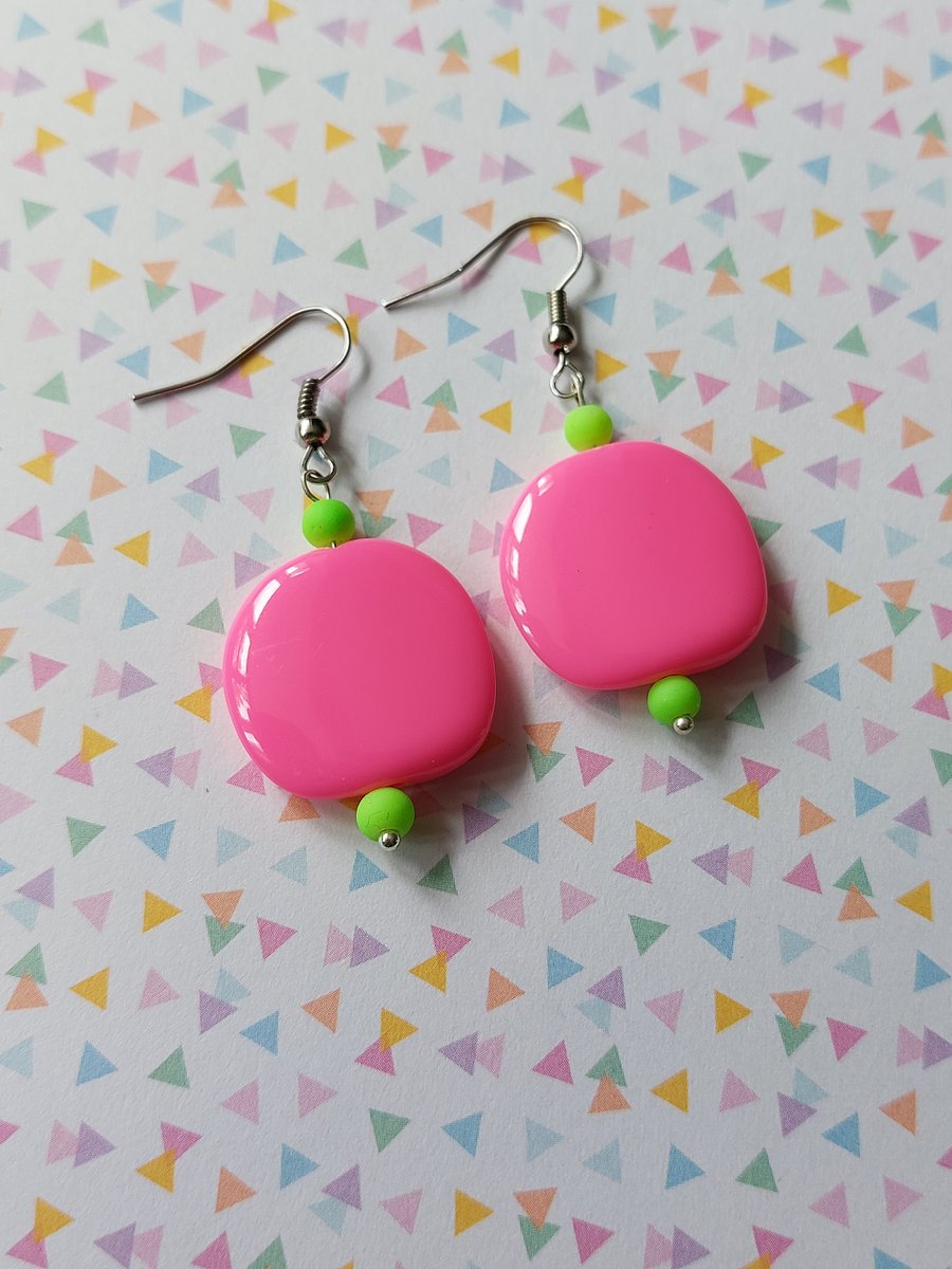 Beaded Neon Square Earrings - Pink 