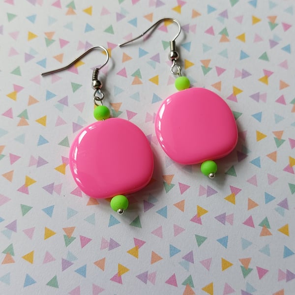 Beaded Neon Square Earrings - Pink 