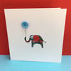 Elephant Card - Hand Cut Elephant Holding a Birthday Button Balloon