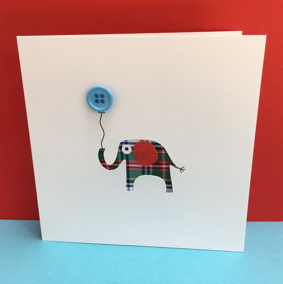 Elephant Card - Hand Cut Elephant Holding a Birthday Button Balloon