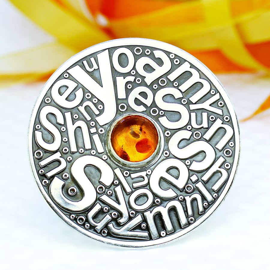 Silver Brooch, You Are My Sunshine Brooch, Handmade Sterling Silver  Amber 