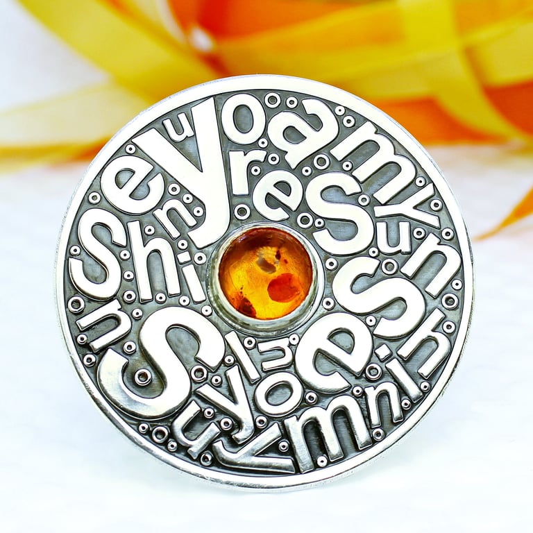 Silver Brooch, You Are My Sunshine Brooch, Handmade Sterling Silver  Amber 