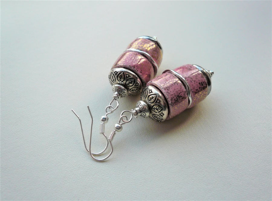 Pink Gold Splashed Glazed Ceramic Heishi Twin Bead Silver  Dangle Earrings K2014