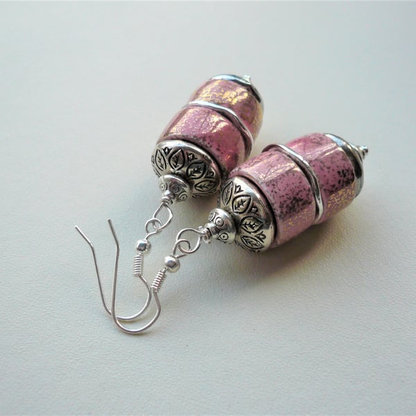 Pink Gold Splashed Glazed Ceramic Heishi Twin Bead Silver  Dangle Earrings K2014