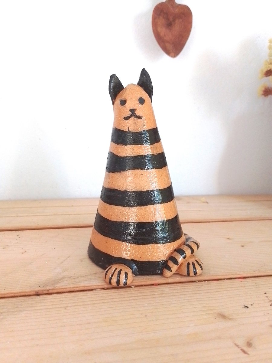 Ceramic Cat humorous, stripey, quirky conical, pottery cat figurine
