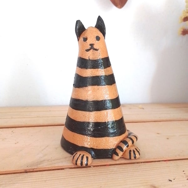 Ceramic Cat humorous, stripey, quirky conical, pottery cat figurine