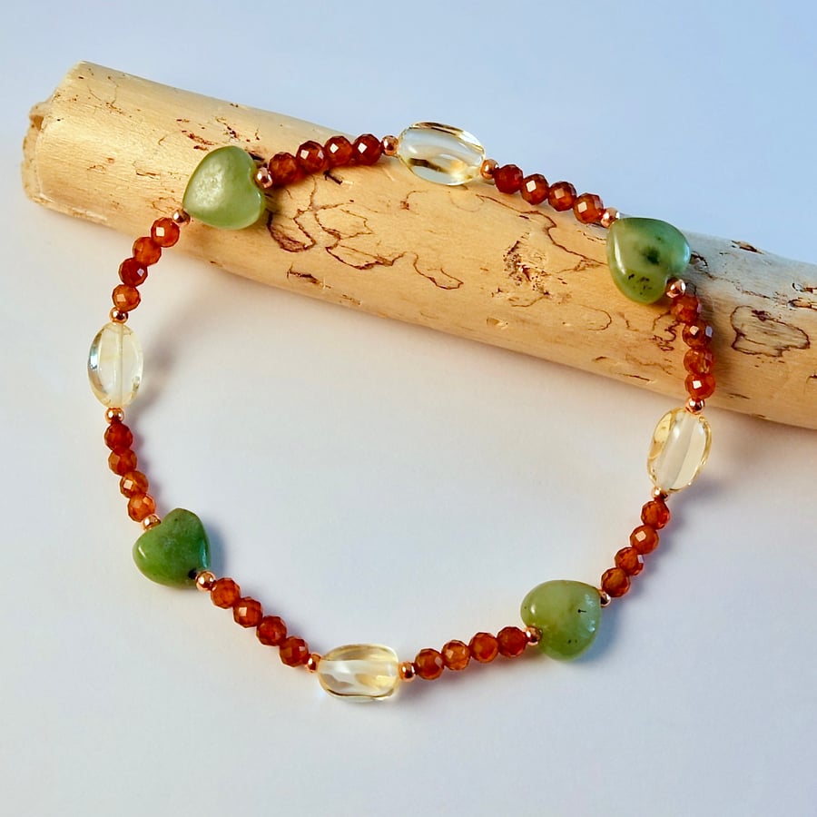 Garnet, Citrine And Jade Heart Bracelet - Birthday, Anniversary, Gifts For Her