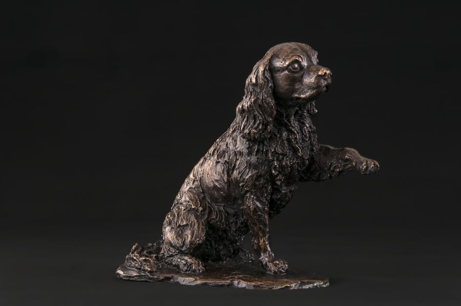 Foundry Bronze Cavalier King Charles Spaniel Waving Paw Sculpture
