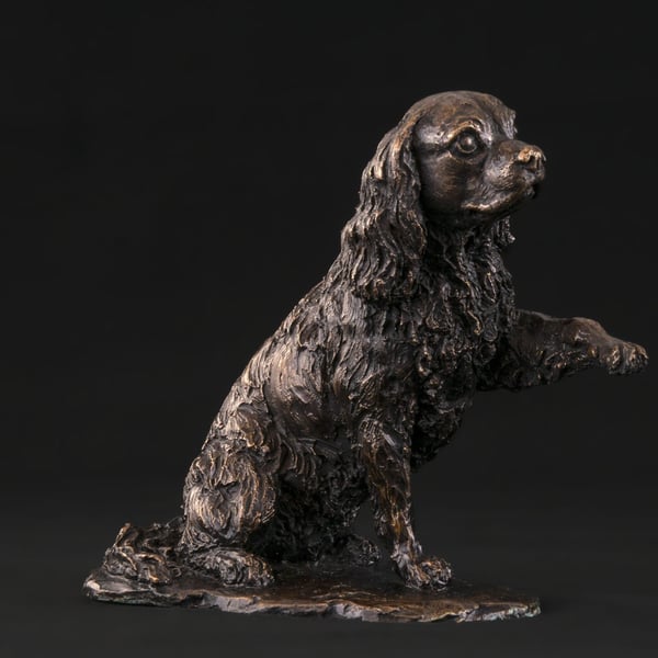 Foundry Bronze Cavalier King Charles Spaniel Waving Paw Sculpture