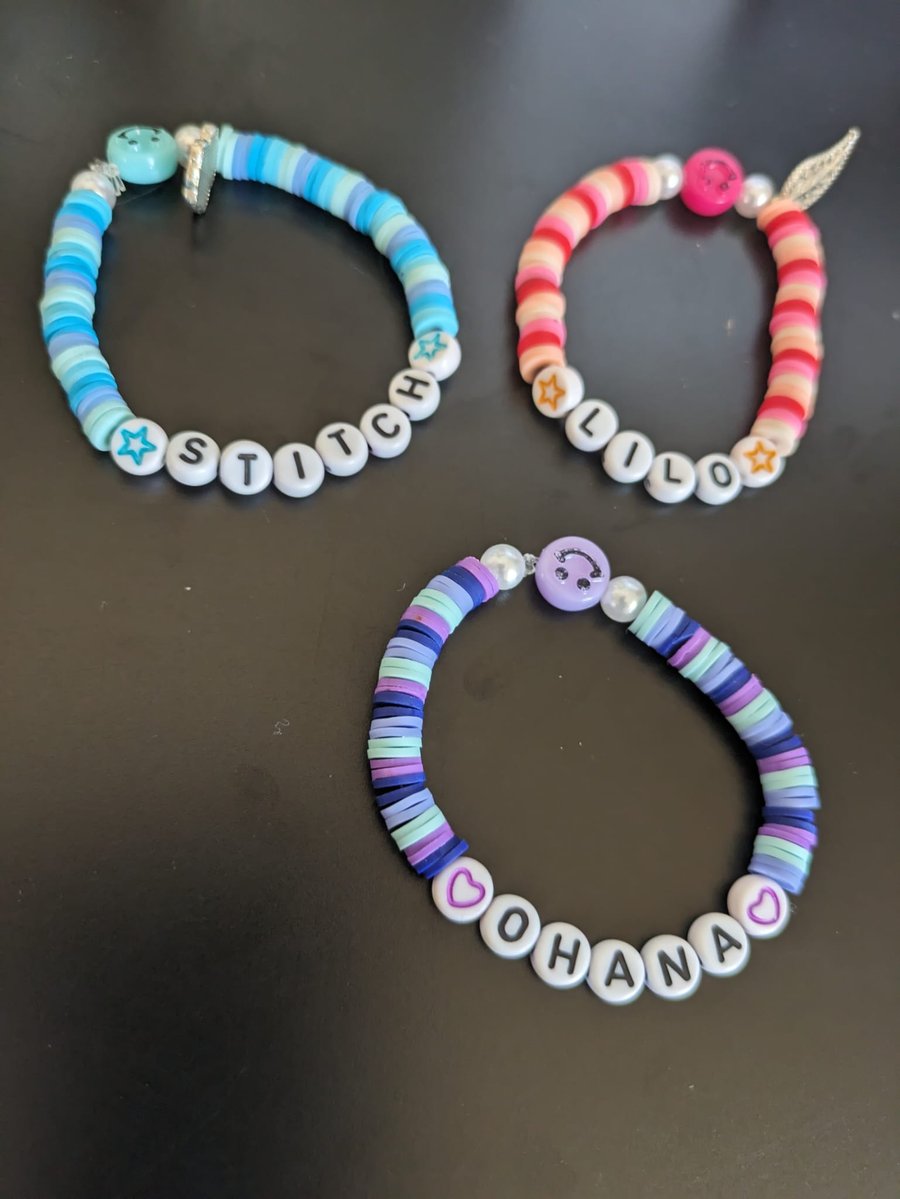 Lilo, Stitch, Ohana - 3 x Handcrafted Polymer Clay Elasticated Bracelets