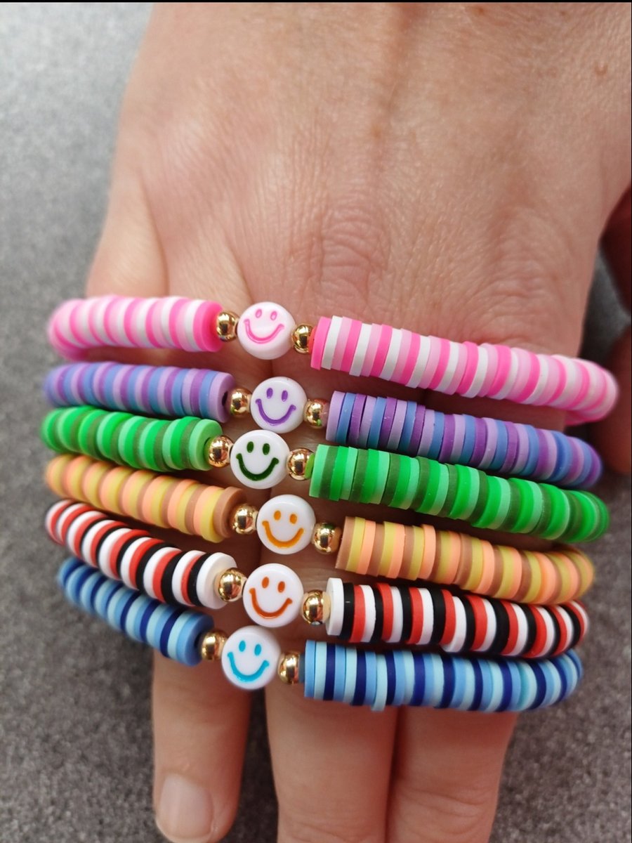 Colourful clay beaded smiley face bracelets, preppy bracelets, smiley face
