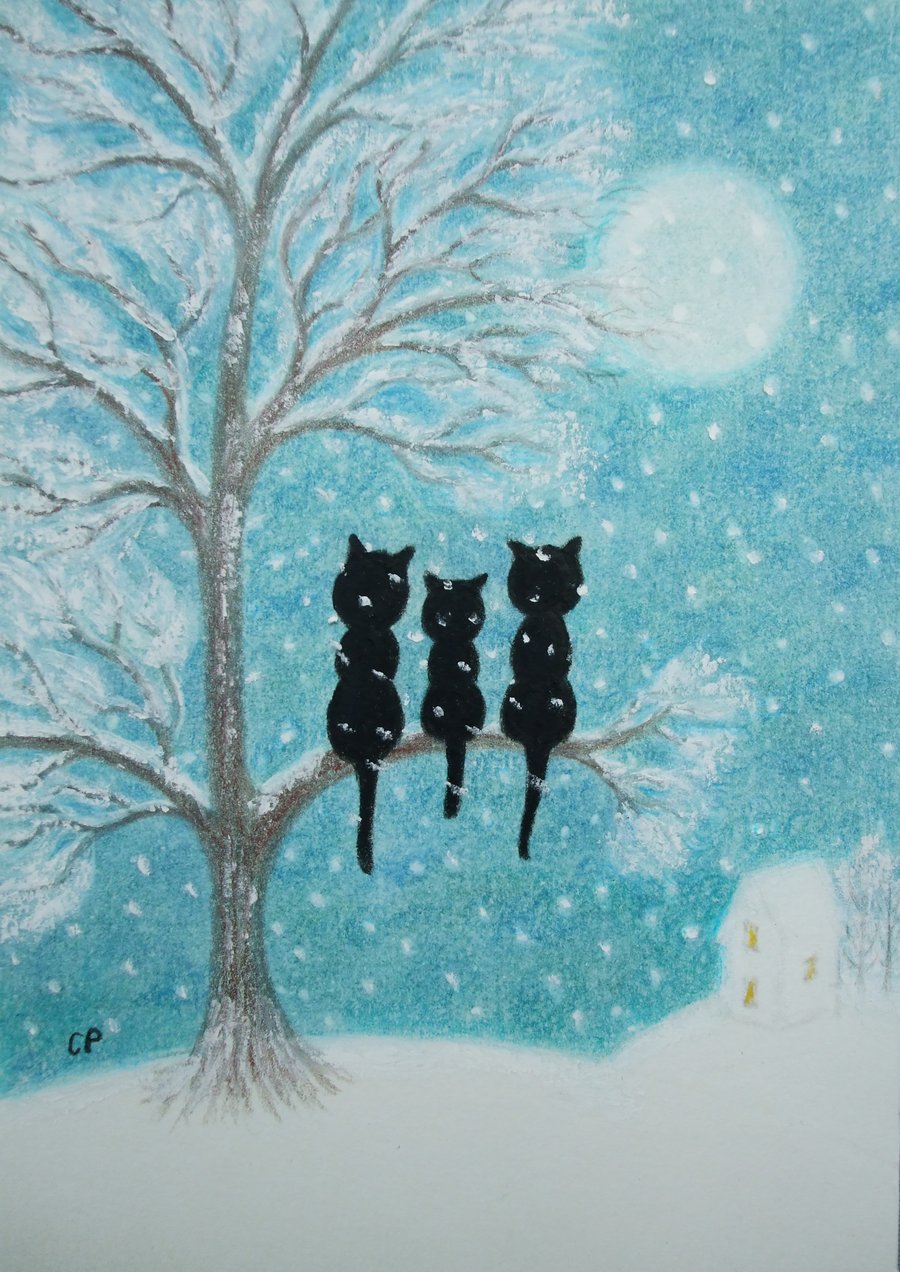 Cat Tree Print, Snow Art Picture, Christmas Gift, Three Black Cats Moon Print