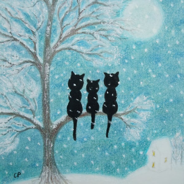 Cat Tree Print, Snow Art Picture, Three Black Cats Moon Picture, Kitten