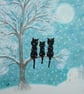 Cat Tree Print, Snow Art Picture, Three Black Cats Moon Picture, Kitten - Image 1