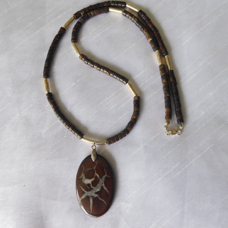 Sterling Silver Necklace with Bronzite Gemstones, Black Septarian Oval Pendant  