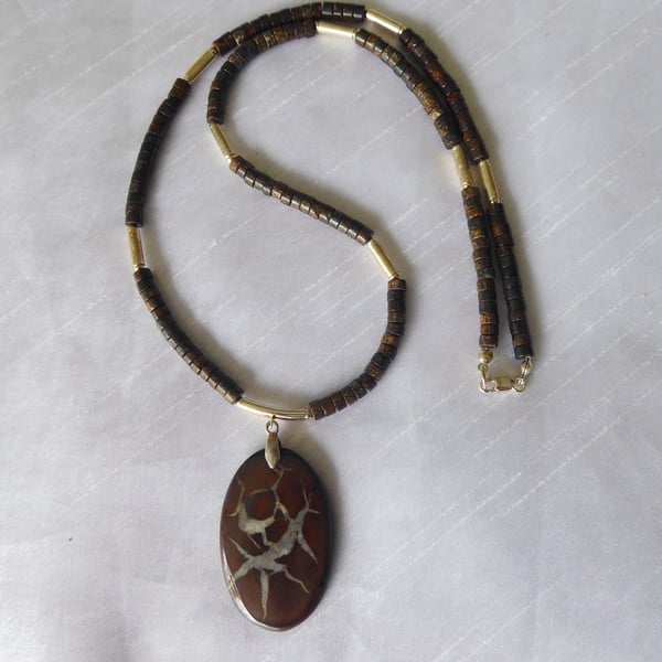 Sterling Silver Necklace with Bronzite Gemstones, Black Septarian Oval Pendant  