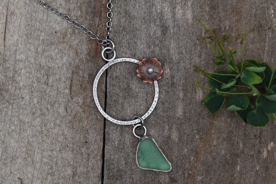 Sea Glass and Sterling Silver Necklace with Copper Flower, Scottish, Pendant 