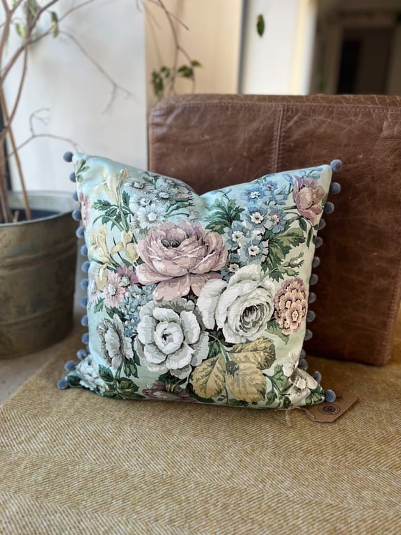 Vintage Sanderson Knowle floral cushion cover with pompom trim