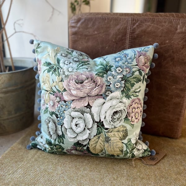 Vintage Sanderson Knowle floral cushion cover with pompom trim