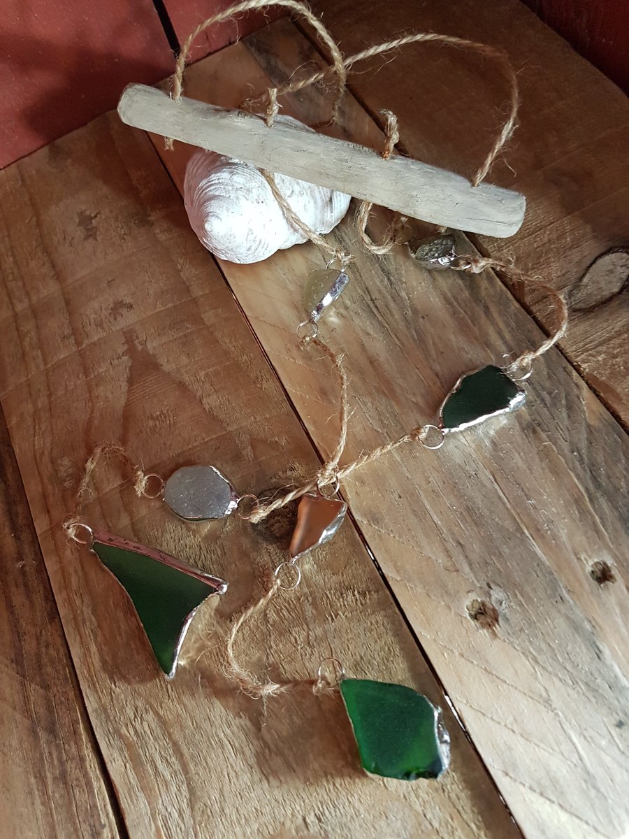 Sea Glass and Driftwood Hanging Decoration - Mobile - Soldered - Sun Catcher
