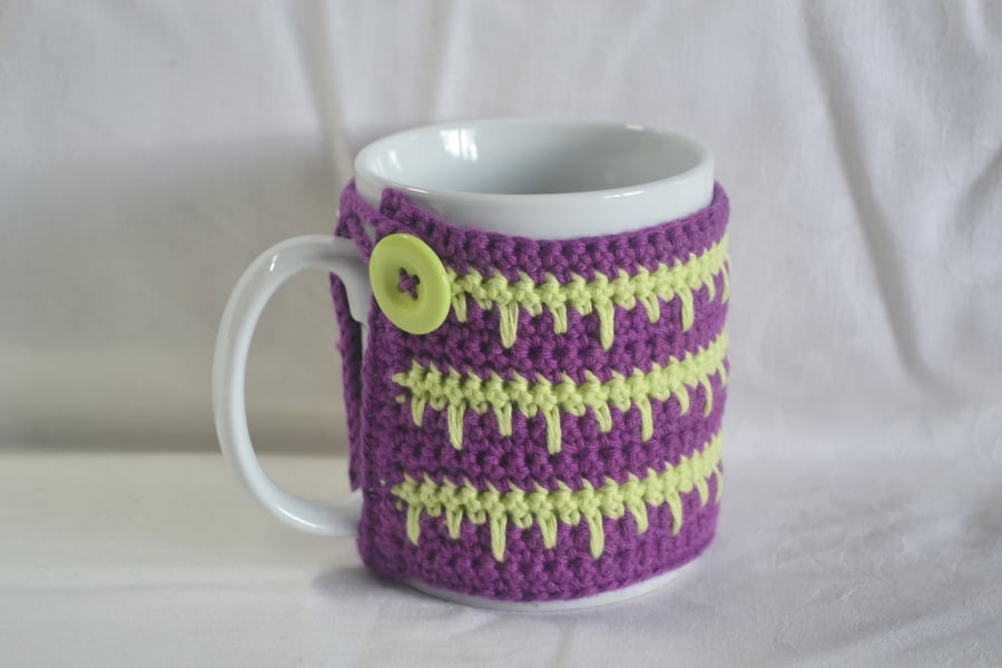 Crochet Mug Cosy Mug Wrap Mug Hug Lime Purple 100% Cotton Hygge OOAK Ver. 27