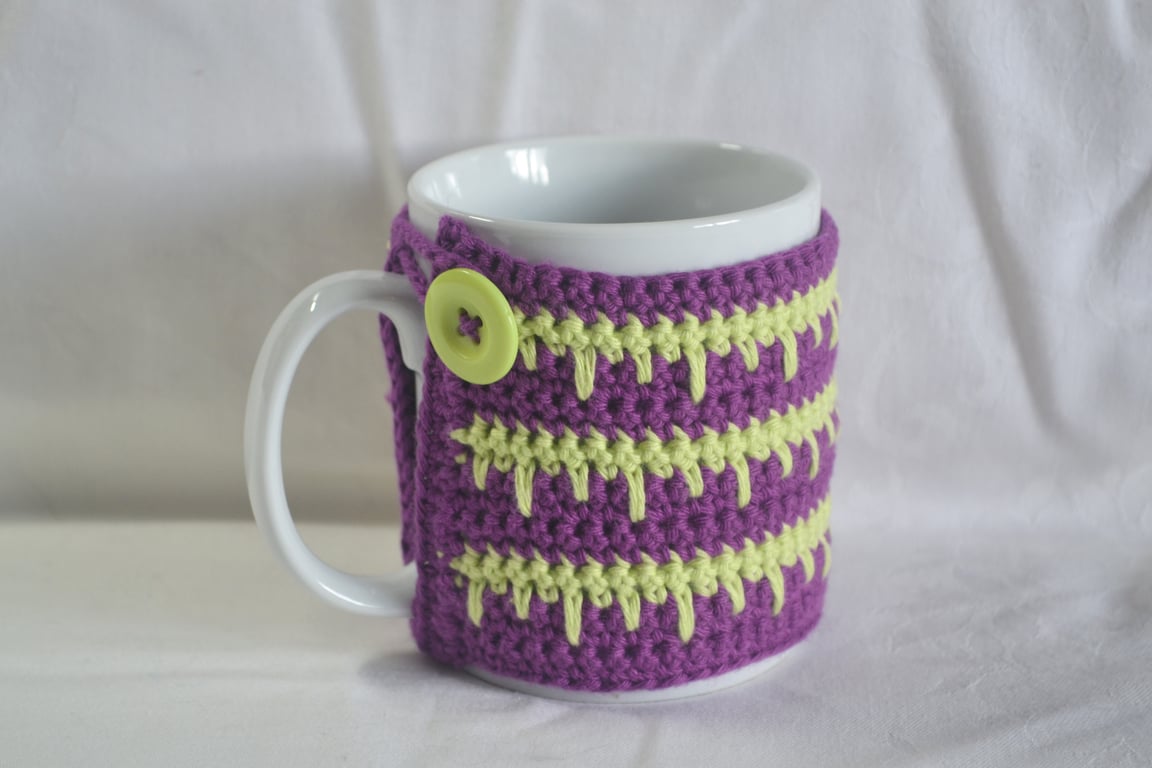 Crochet Mug Cosy Mug Wrap Mug Hug Lime Purple 100% Cotton Hygge OOAK Ver. 27