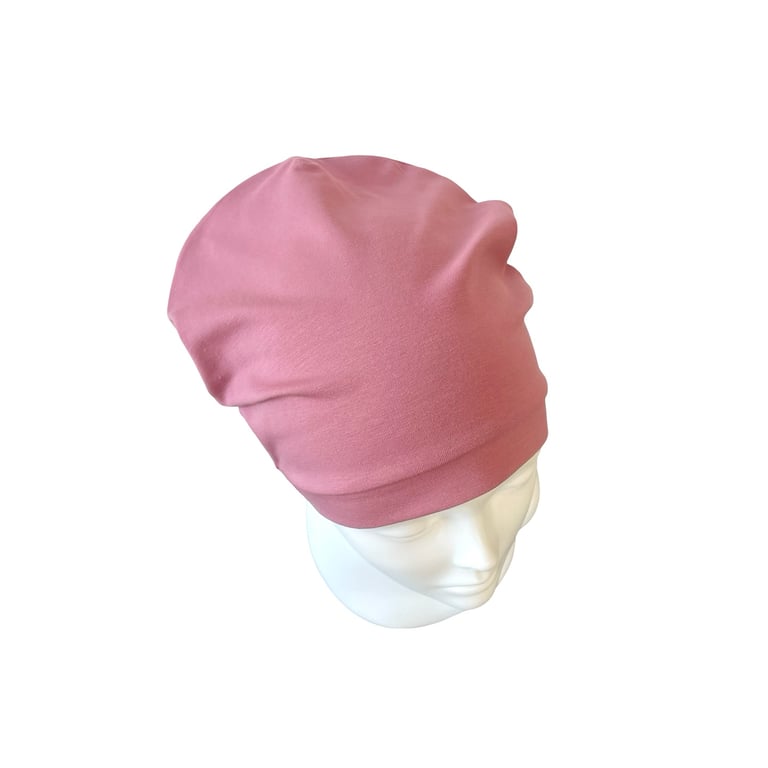 Dusky Pink Slouchy Cotton Jersey Autumn Beanie Hat Cap for Women