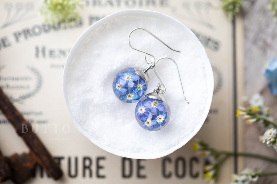Real Flower Forget me Nots Globe Earrings - Botanical - Sterling Silver