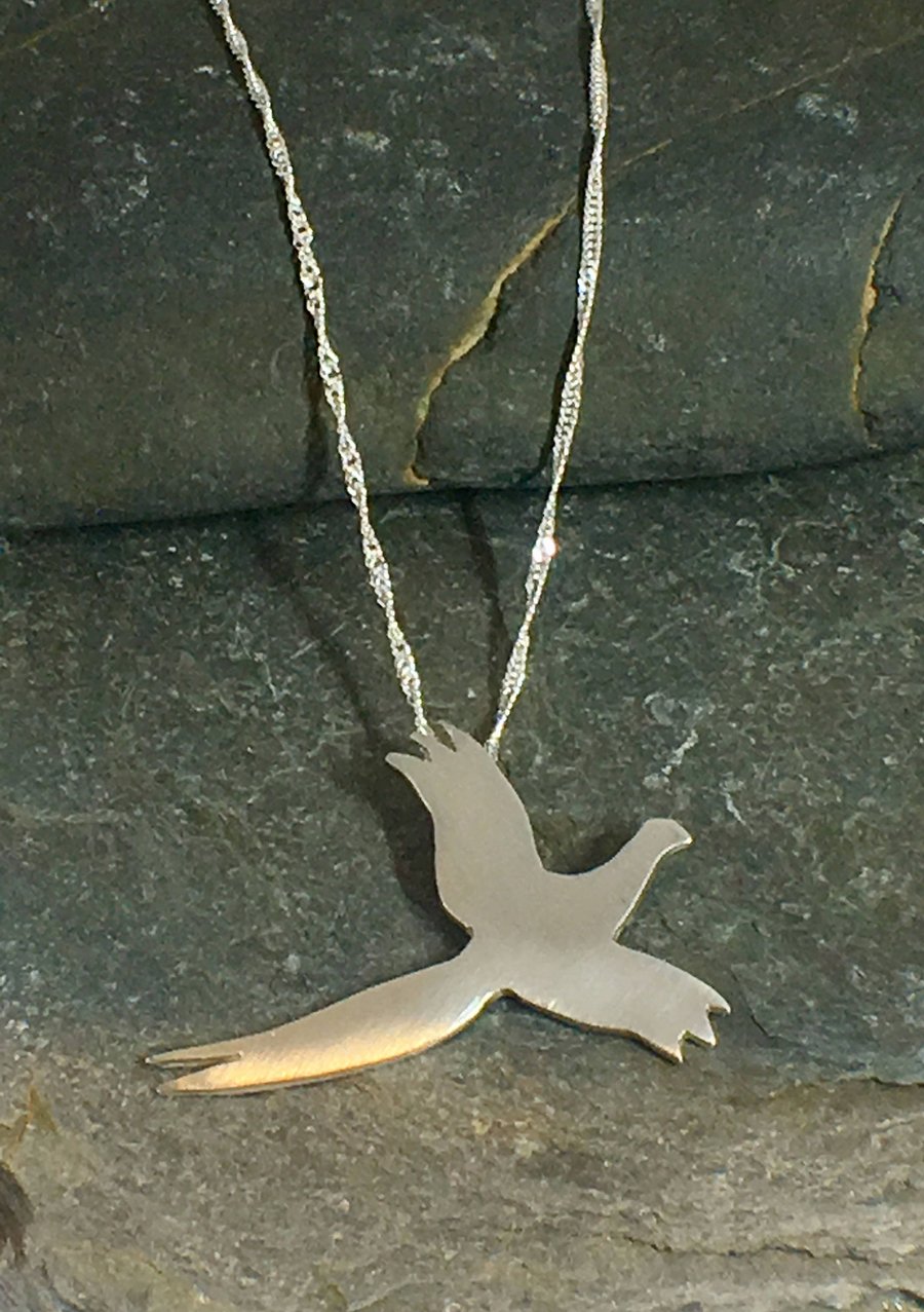 Pheasant in Flight Sterling Silver Silhouette Pendant Necklace