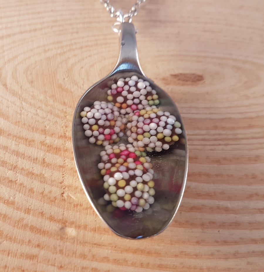 Upcycled Silver Plated Spoon Necklace with Chocolate Jazzles in Resin SPN071703