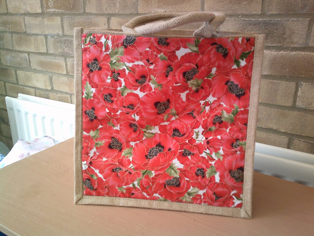 Medium Jute Bag with Poppies Fabric Pocket