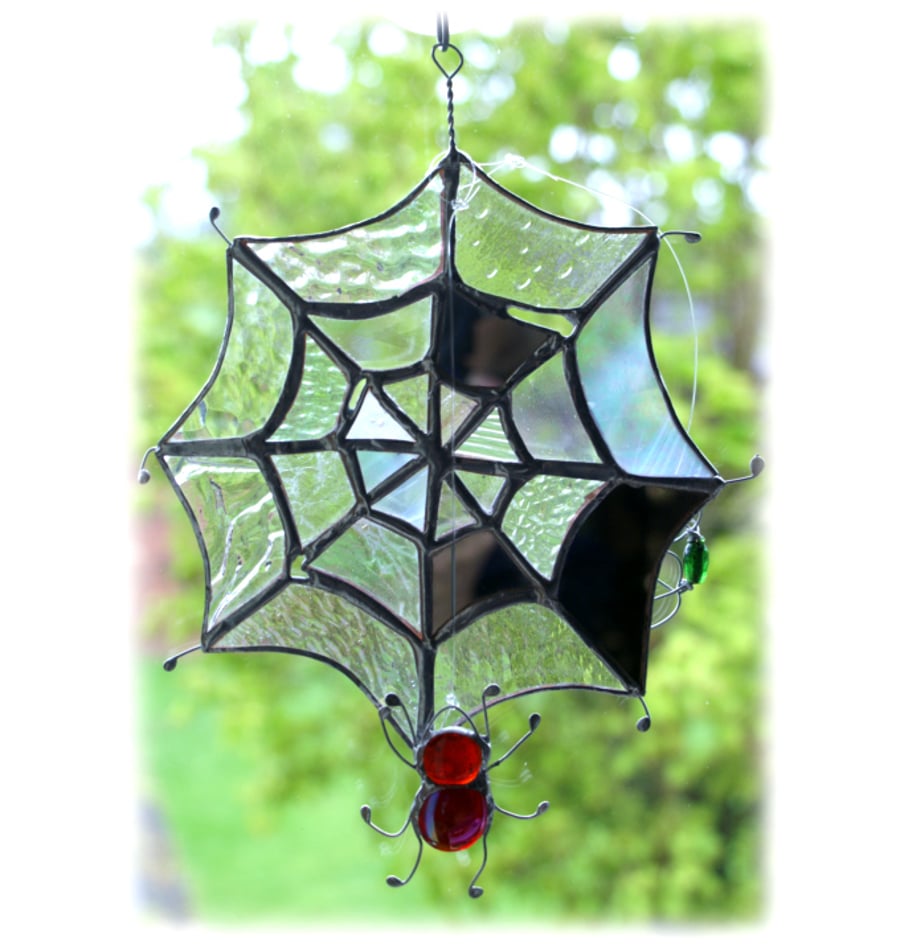  SOLD Spider's Web Suncatcher Stained Glass with red spider and greenfly 031
