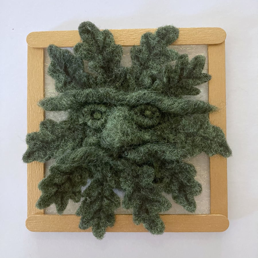 Miniature green man picture, needle felted