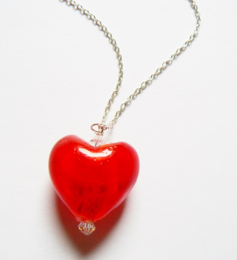 Red Venetian Glass Heart Pendant with Swarovski Crystals