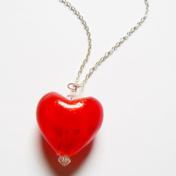 Red Venetian Glass Heart Pendant with Swarovski Crystals