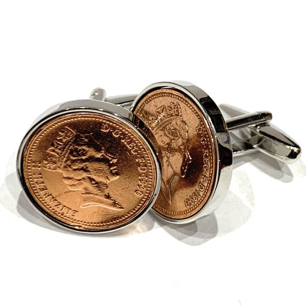 1991 30th Birthday Anniversary 1 pence coin cufflinks - One pence cufflinks from