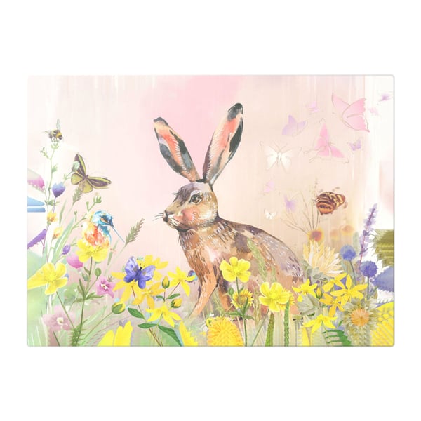 Hare & Bird in Flower Garden Design Glass Chopping Board