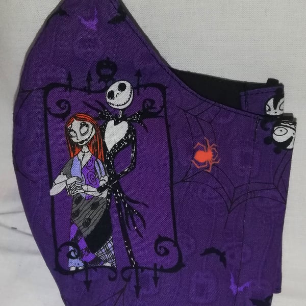 Face mask reusable triple layer 100% cotton purple Jack Skellington