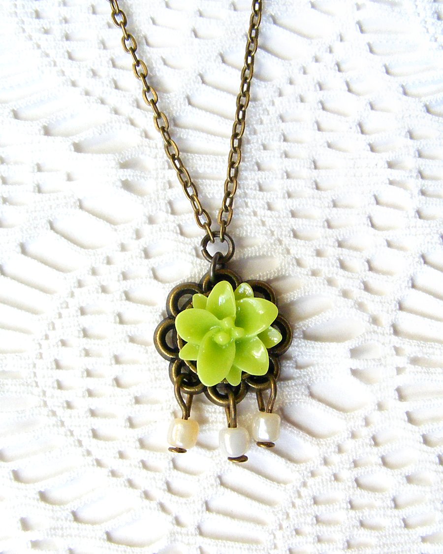 SALE! 50% off! Pendant Necklace with Lime Green Flower