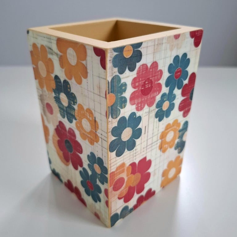 Wooden Pencil Holder, Retro Floral Desk Organizer, Bright Flower Lover Gift